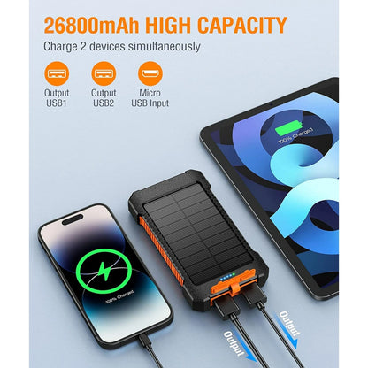 26800mAh Solar Power Bank - Portable USB Solar Charger for iPhone and Android Devices